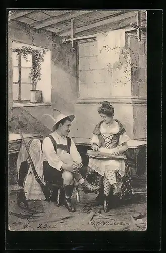 Künstler-AK Charles Scolik: Jäger geniesst die Musik seiner Geliebten