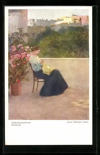 Künstler-AK Karl Maria Schuster: Gedankenverloren, Mädchen bei Handarbeit