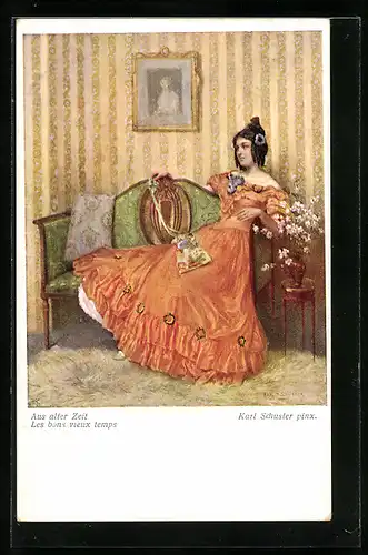 Künstler-AK Karl Maria Schuster: Aus alter Zeit, Junge Dame im orangenen Kleid