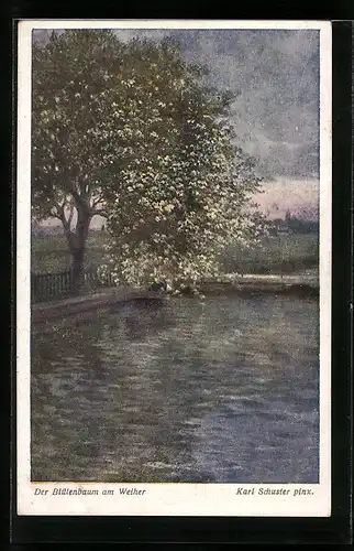 Künstler-AK Karl Maria Schuster: Der Blütenbaum am Weiher