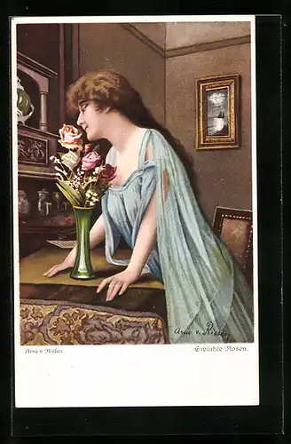 Künstler-AK Arno von Riesen: schönes Fräulein riecht an einer Rosenblüte