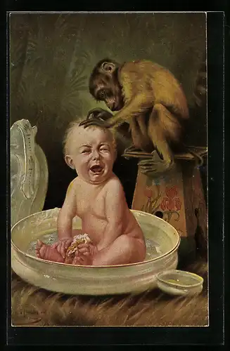 Künstler-AK Arno von Riesen: Unerbetener Liebesdienst, Affe kratzt einem kleinen Kind in der Badewanne den Kopf