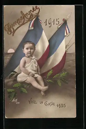 AK Kleines Mädchen mit französischen Fahnen