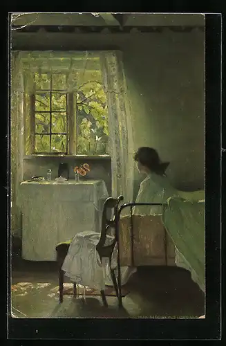 Künstler-AK sign. H. Slott-Moller: Morgenstimmung, Mädchen auf dem Bett sitzend, Dänische Kunst