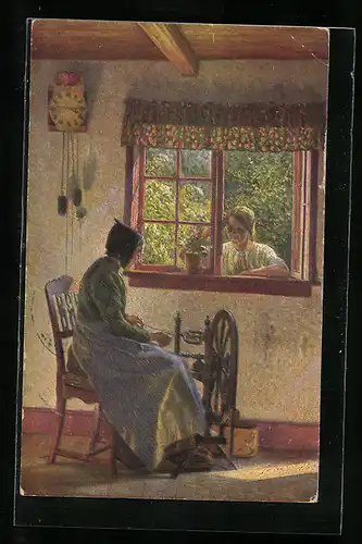 Künstler-AK Alfr. Broge: Die Alte am Spinnrad, dänische Kunst, eine alte Bäuerin arbeitet am Spinnrad