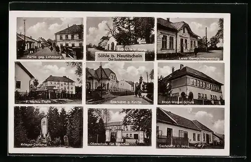 AK Söhle b. Neutitschein, Gaststätte O. Beier, Lares Gemischtwarenhandlung, F. Mark`s Trafik