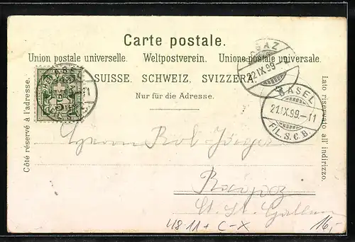 Lithographie Basel, Wo ist das Leckerli-Maidli?, Ortsansicht mit optischer Täuschung