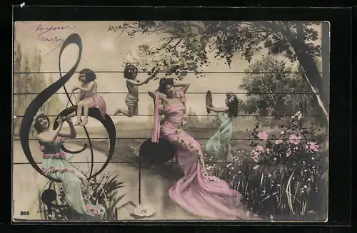 AK Frauen in Blumen geschmückten Kleidern sitzend auf Musiknote und Notenschlüssel