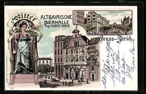 Lithographie Zürich, Gasthaus altbairische Bierhalle, Bahnhofstrasse mit Strassenbahn