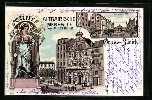 Lithographie Zürich, Restaurant z. Ritter, Altbairische Bierhalle, Bahnhofstrasse