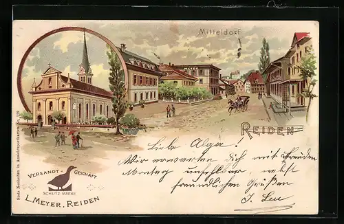 Lithographie Reiden, Strassenpartie im Mitteldorf, Kirche