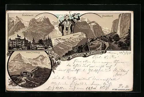 Vorläufer-Lithographie Grindelwald, 1894, Staubbach, Ortsansicht mit Bahnhof und Kirche