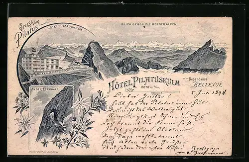 Vorläufer-Lithographie Pilatus, 1894, Hotel Pilatuskulm, an der Eselwand