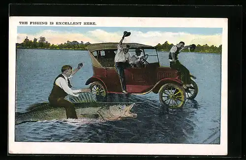 AK Männer fahren mit Auto über das Wasser, Mann reitet Fisch