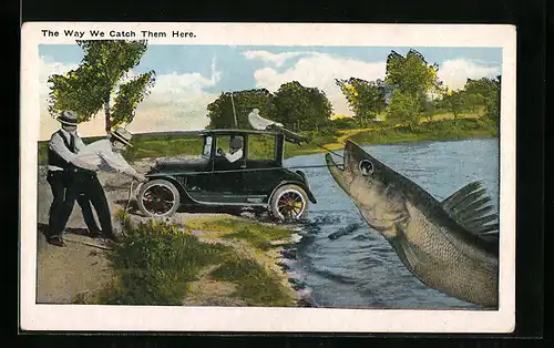 AK Elk Rapids, The way we catch them here, Auto zieht einen Riesenfisch aus dem Wasser, Fotomontage