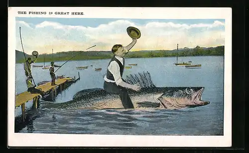 AK Mann reitet auf einem Fisch über den See