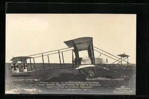 Foto-AK Sanke Nr. 280: M. Farman-Doppeldecker, Flugzeug mit Eisernem Kreuz