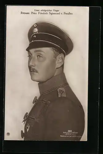 Foto-AK Sanke Nr. 569: Unser erfolgreicher Flieger Rittmstr. Prinz Friedrich Sigismund von Preussen, Totenkopfhusar