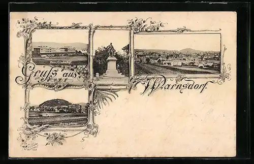 AK Warnsdorf, Hauptbahnhof, Burgsberg, Kaiser-Josef-Denkmal