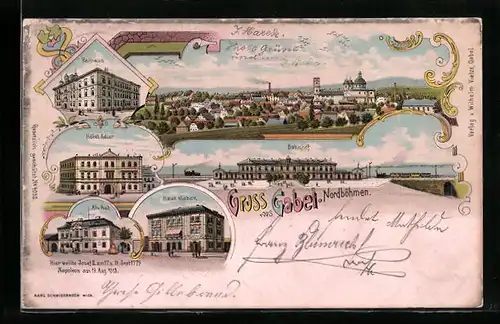 Lithographie Gabel, Hotel Adler, Haus Klaban, Bahnhof, Alte Post, Totalansicht