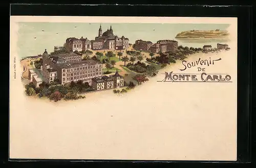 Lithographie Monte Carlo, Ortsansicht aus der Vogelschau
