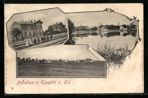 AK Týniste n. Orl., Bahnhof / Nadrazi, Panorama