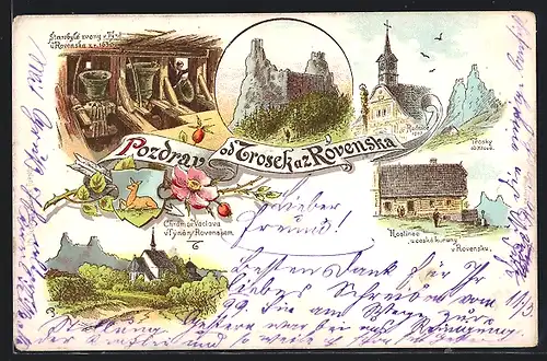Lithographie Trosek az Rovenska, Hostinec u ceske kuruny y Rovensku, Radnice, Starobyle zvony v Tyne