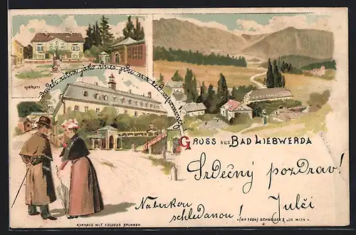 Lithographie Bad Liebwerda, Kurhaus mit Eduards Brunnen, Kurplatz, Panorama