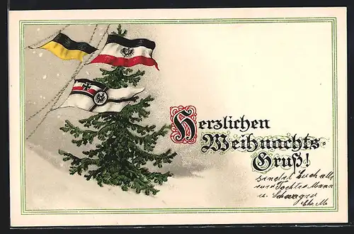 AK Reichsfahne und österr.-ungar. Fahne mit Tannenbaum, Herzlichen Neujahrsgruss