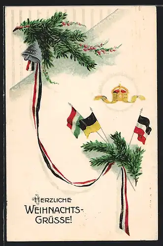AK Fahnen des Zweibunds Österreich-Ungarn und Deutsches Reich lassen die Glocken klingen, Kriegsweihnachten