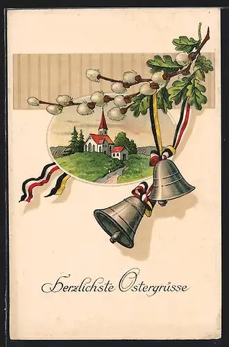 AK Ostergrüsse, Kirche und Glocken mit Fahnenband an einem Zweig
