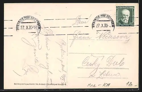 AK Bystrice pod Host., Strassenpartie mit Bäumen