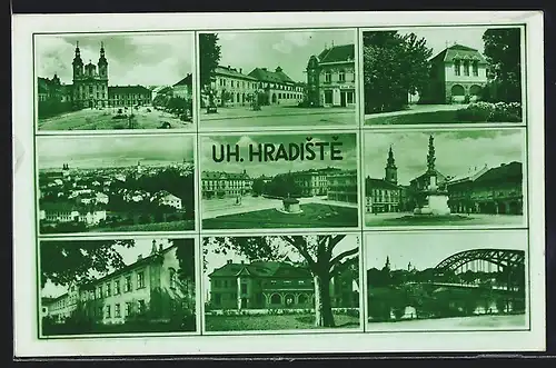 AK Uh. Hradiste, Marktplatz mit Säule, Brücke, Totalansicht