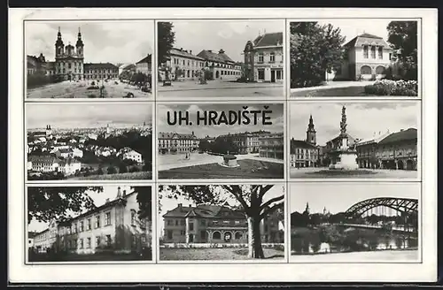 AK Uh. Hradiste, Marktplatz mit Säule, Brücke, Totalansicht