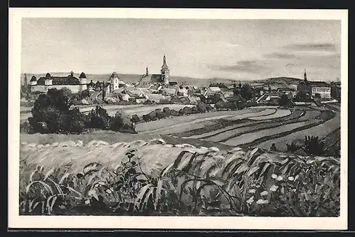 Künstler-AK Holesov, Teilansicht mit Kirche