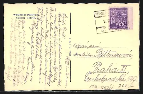 AK Wallachisch-Meseritsch, Strassenpartie mit Denkmal durch Tor