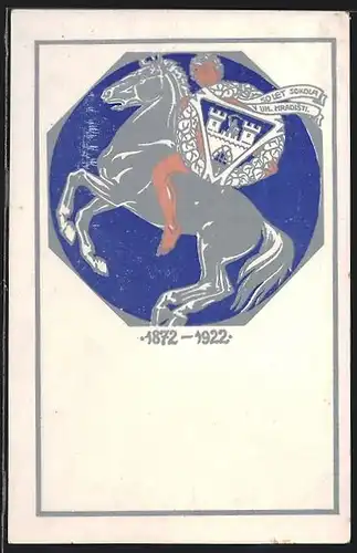 Künstler-AK Uh. Hradiste, 50 Let Sokola v Uh. Hradisti 1872-1922, Reiter mit Wappen