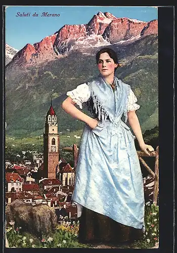 AK Merano, Panorama mit Meranerin in Tracht am Stadtrand