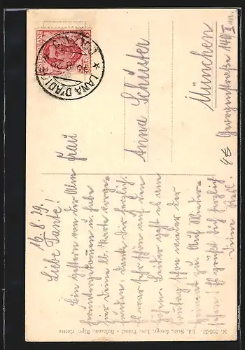 AK Merano, Panorama mit Meranerin in Tracht am Stadtrand