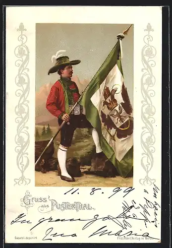 AK Pusterthaler in Tracht mit einer Flagge