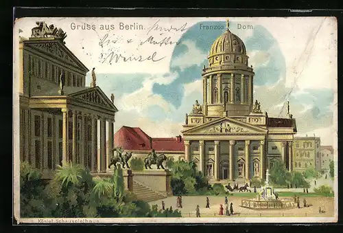 Lithographie Berlin, Gendarmenmarkt, Französischer Dom und Königliches Schauspielhaus