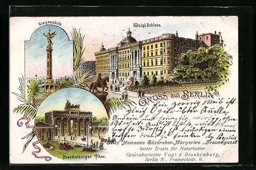 Lithographie Berlin, Köngiliches Schloss, Siegessäule, Brandenburger Tor