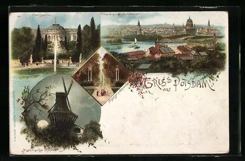 Lithographie Potsdam, Sanssouci, Panorama v. Brauhausberge, Historische Mühle, Eingang nach Sanssouci