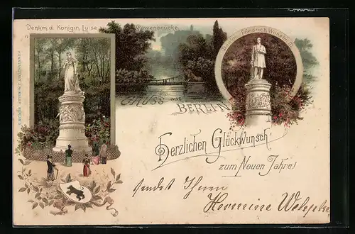 Lithographie Berlin-Tiergarten, Denkmal Königin Luise, Löwenbrücke, Denkmal Friedrich Wilhelm III.