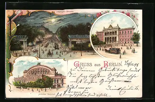 Lithographie Berlin, Leipziger Strasse bei Nacht, Anhalter Bahnhof