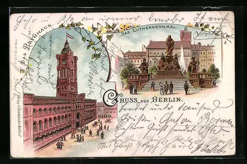 Lithographie Berlin, Rathaus in der Königstrasse, Lutherdenkmal