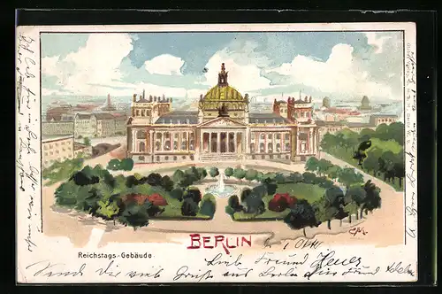 AK Berlin-Tiergarten, Reichstags-Gebäude mit Gärten und Springbrunnen