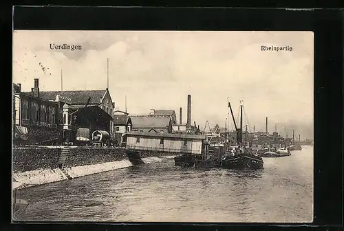 AK Uerdingen, Rheinpartie mit Schornsteinen und Schiffen