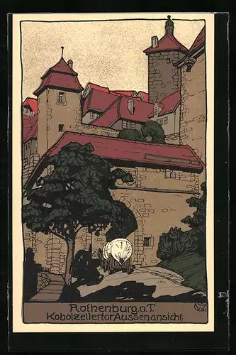 Steindruck-AK Rothenburg, Aussenansicht des Kobolzeller Tor