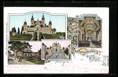 Lithographie Muttergottesberg, Gasthaus zum grünen Baum, Kirche, Innenansicht